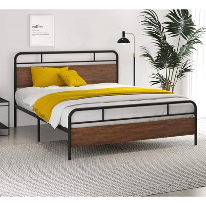 Base de cama de plataforma Queen industrial de metal y madera con cabecera y pie de cama