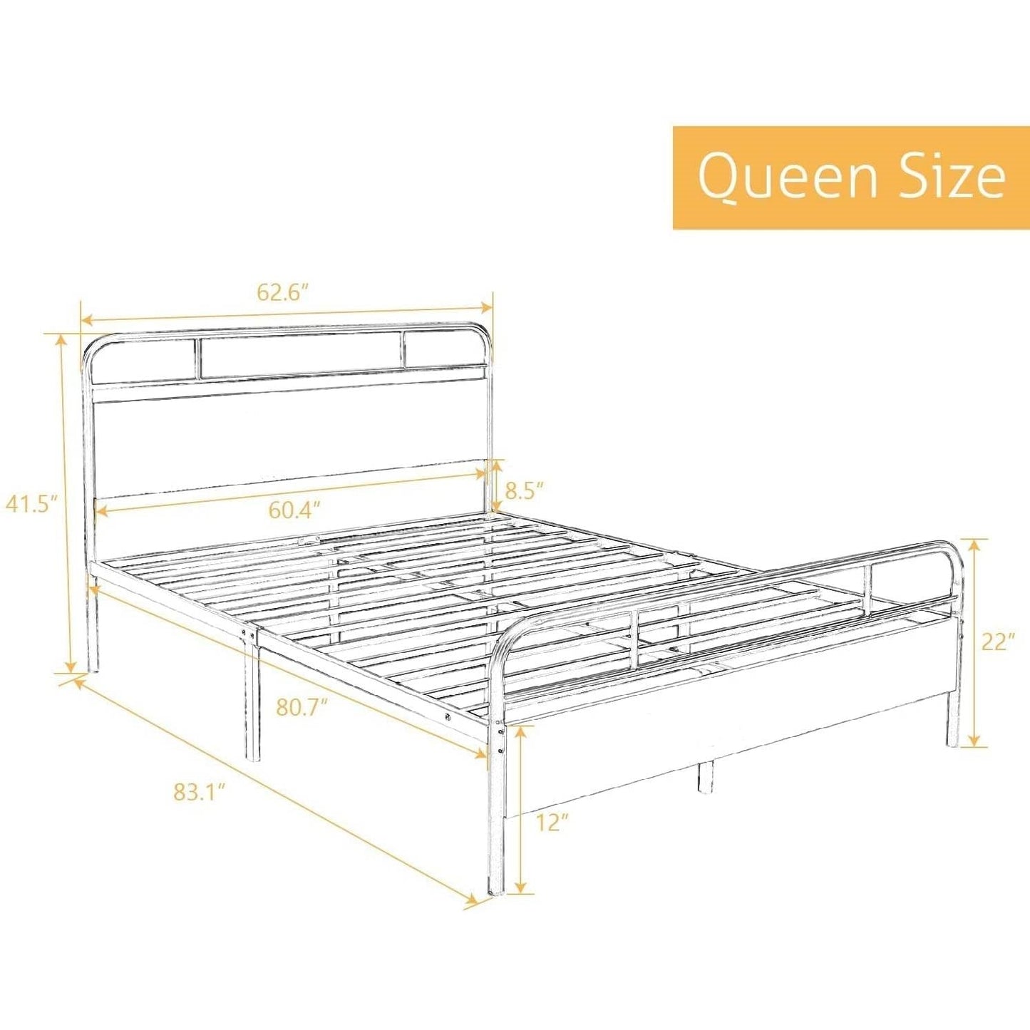 Base de cama de plataforma Queen industrial de metal y madera con cabecera y pie de cama