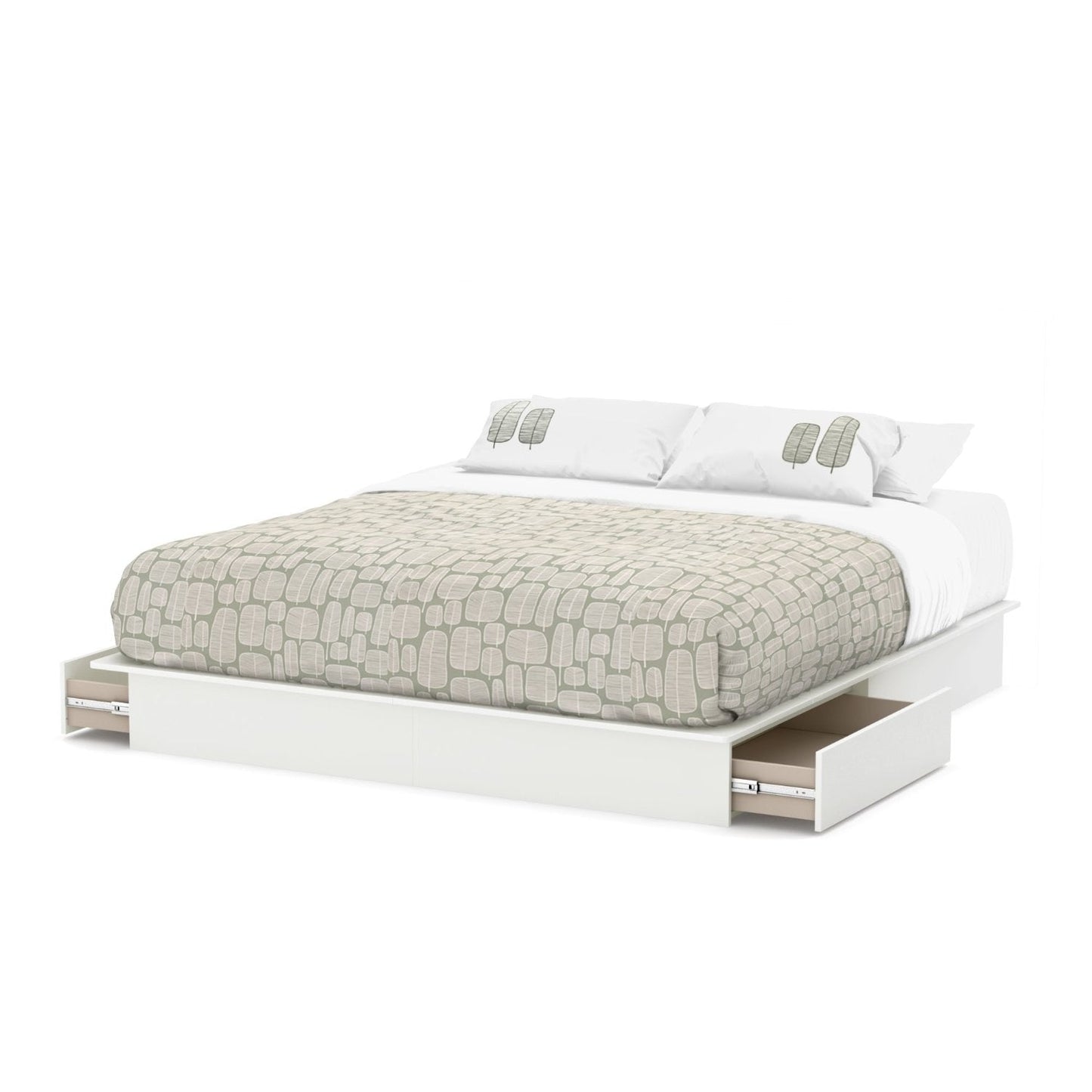 Cama moderna tamaño King con plataforma y cajones de almacenamiento en acabado blanco