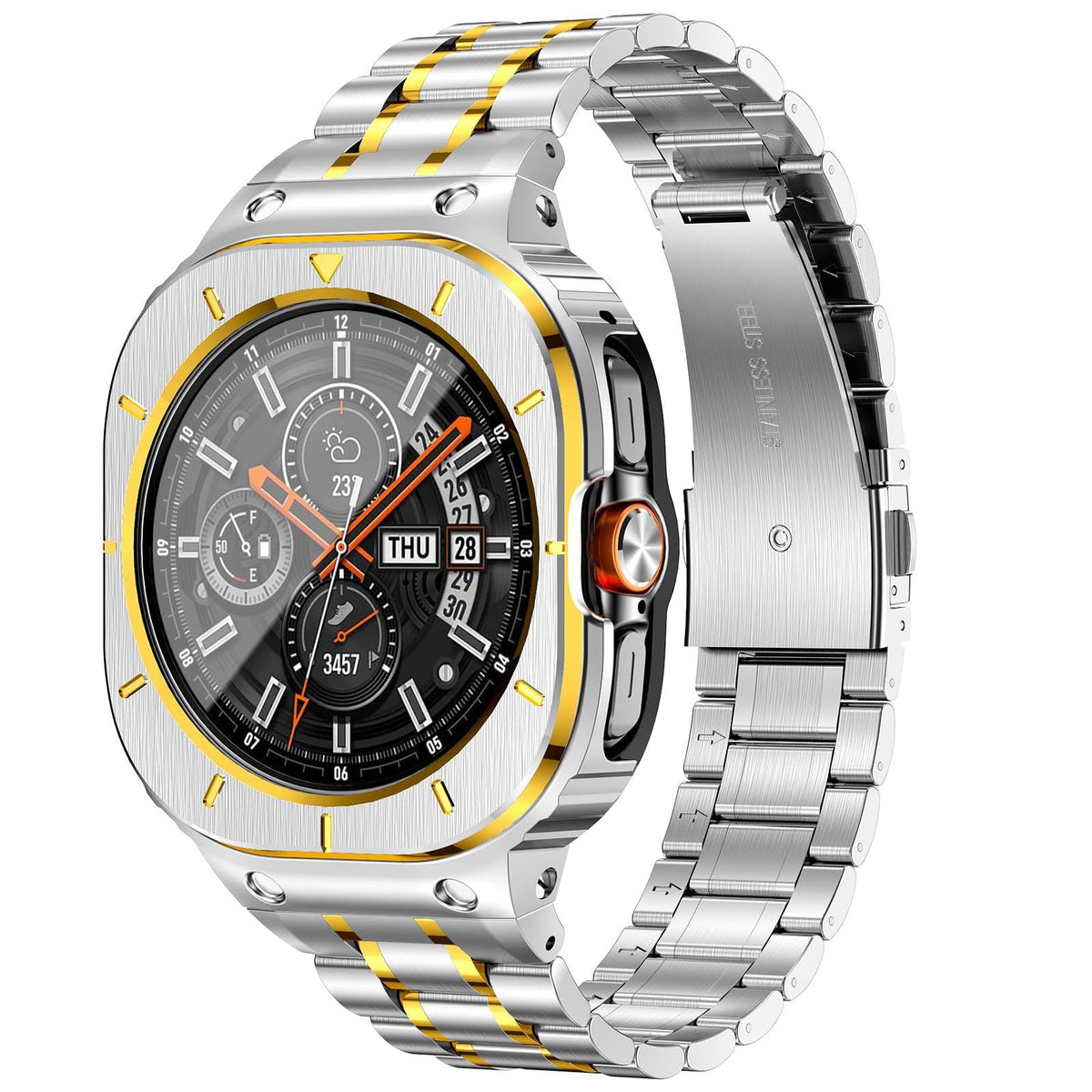 FortisGuard rugged Galaxy Watch case set; Moktan Sabai two-tone steel band with gold accents on Tampa Home & Garden Store