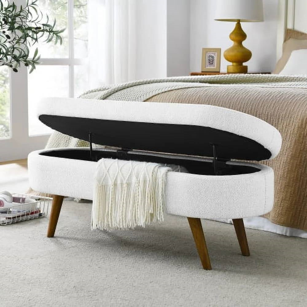 Banco de almacenamiento a pie de cama, estilo bohemio moderno de mediados de siglo, lino blanco