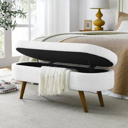 Banco de almacenamiento a pie de cama, estilo bohemio moderno de mediados de siglo, lino blanco