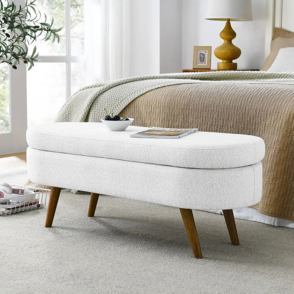 Banco de almacenamiento a pie de cama, estilo bohemio moderno de mediados de siglo, lino blanco