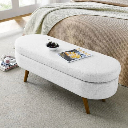Banco de almacenamiento a pie de cama, estilo bohemio moderno de mediados de siglo, lino blanco