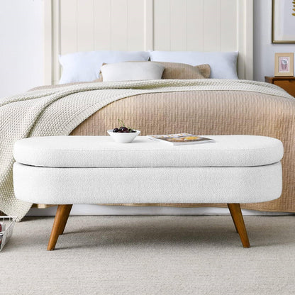 Banco de almacenamiento a pie de cama, estilo bohemio moderno de mediados de siglo, lino blanco