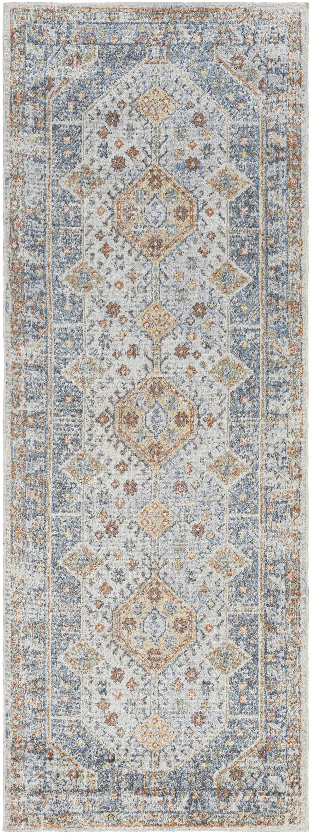 Afya Boutique Washable Rug runner in blue-gray with beige and orange floral medallions on Tampa Home & Garden Store