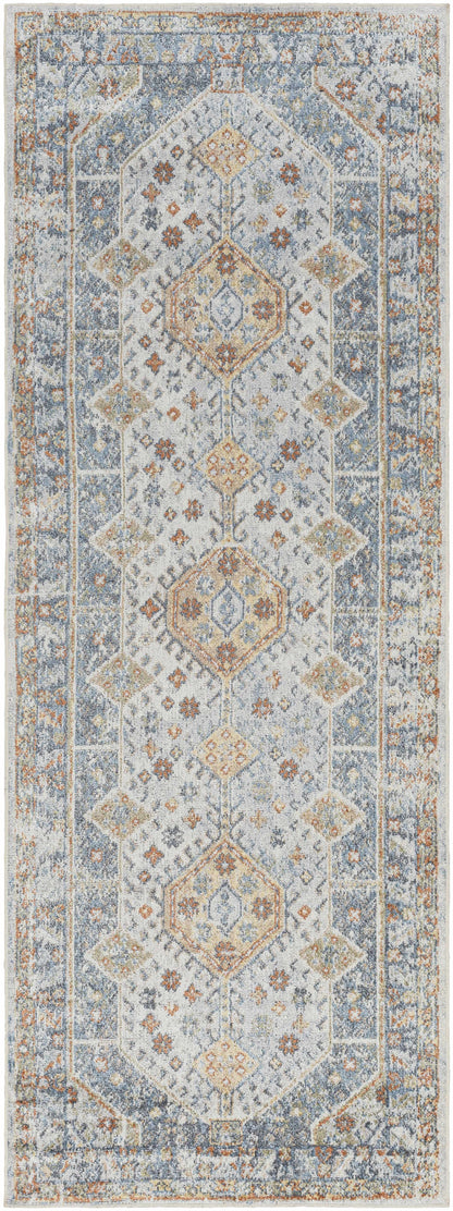 Afya Boutique Washable Rug runner in blue-gray with beige and orange floral medallions on Tampa Home & Garden Store