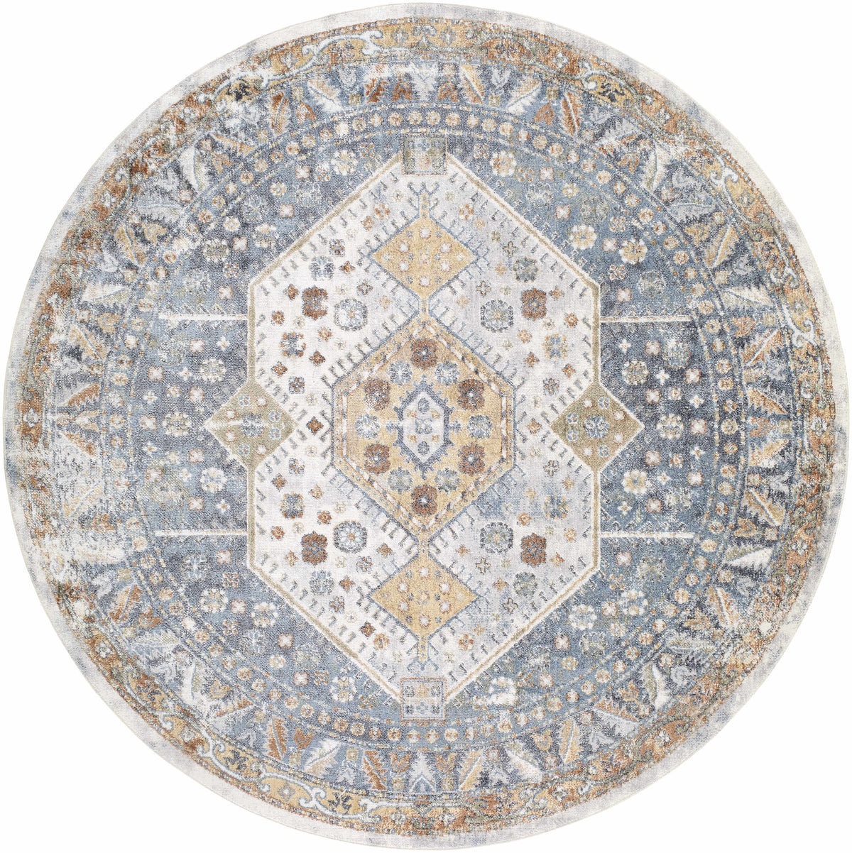 Afya Boutique Washable Rug, round blue-gray ivory beige ornate medallion pattern on Tampa Home & Garden Store
