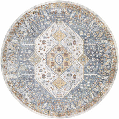 Afya Boutique Washable Rug, round blue-gray ivory beige ornate medallion pattern on Tampa Home & Garden Store