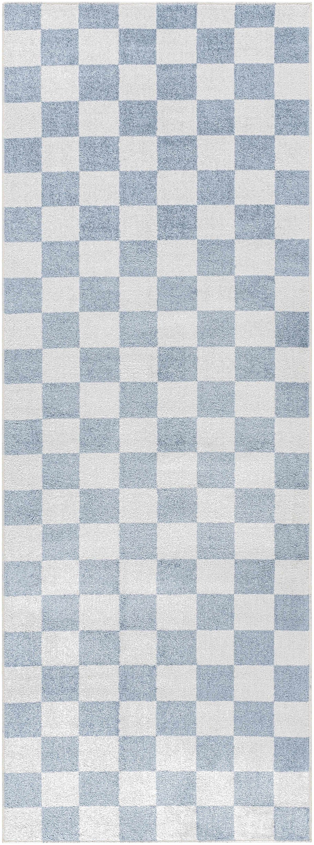 Brone Blue Checkered Washable Rug by Boutique Rugs, blue and white checker pattern on rug on Tampa Home & Garden Store