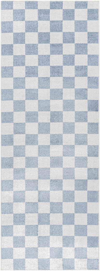 Brone Blue Checkered Washable Rug by Boutique Rugs, blue and white checker pattern on rug on Tampa Home & Garden Store