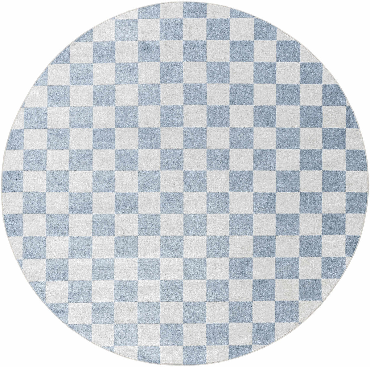 Brone blue checkered washable rug by Boutique Rugs, round blue and white checker pattern on Tampa Home & Garden Store