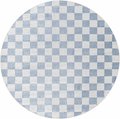 Brone blue checkered washable rug by Boutique Rugs, round blue and white checker pattern on Tampa Home & Garden Store