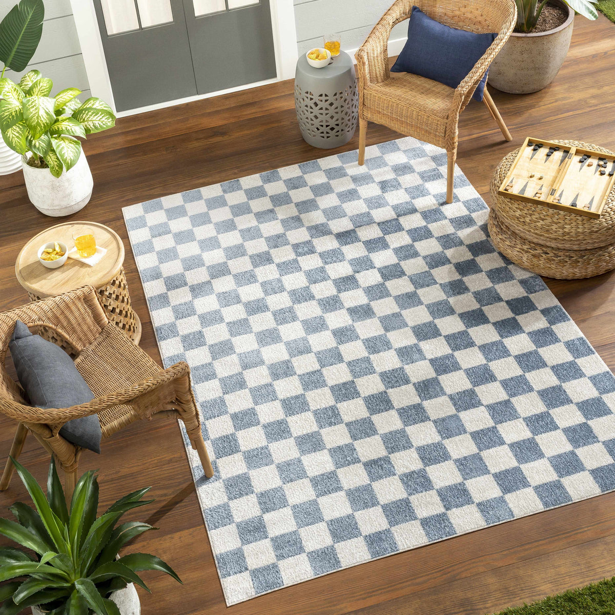 Brone Blue Checkered Washable Rug blue ivory checkered pattern Boutique Rugs on Tampa Home & Garden Store
