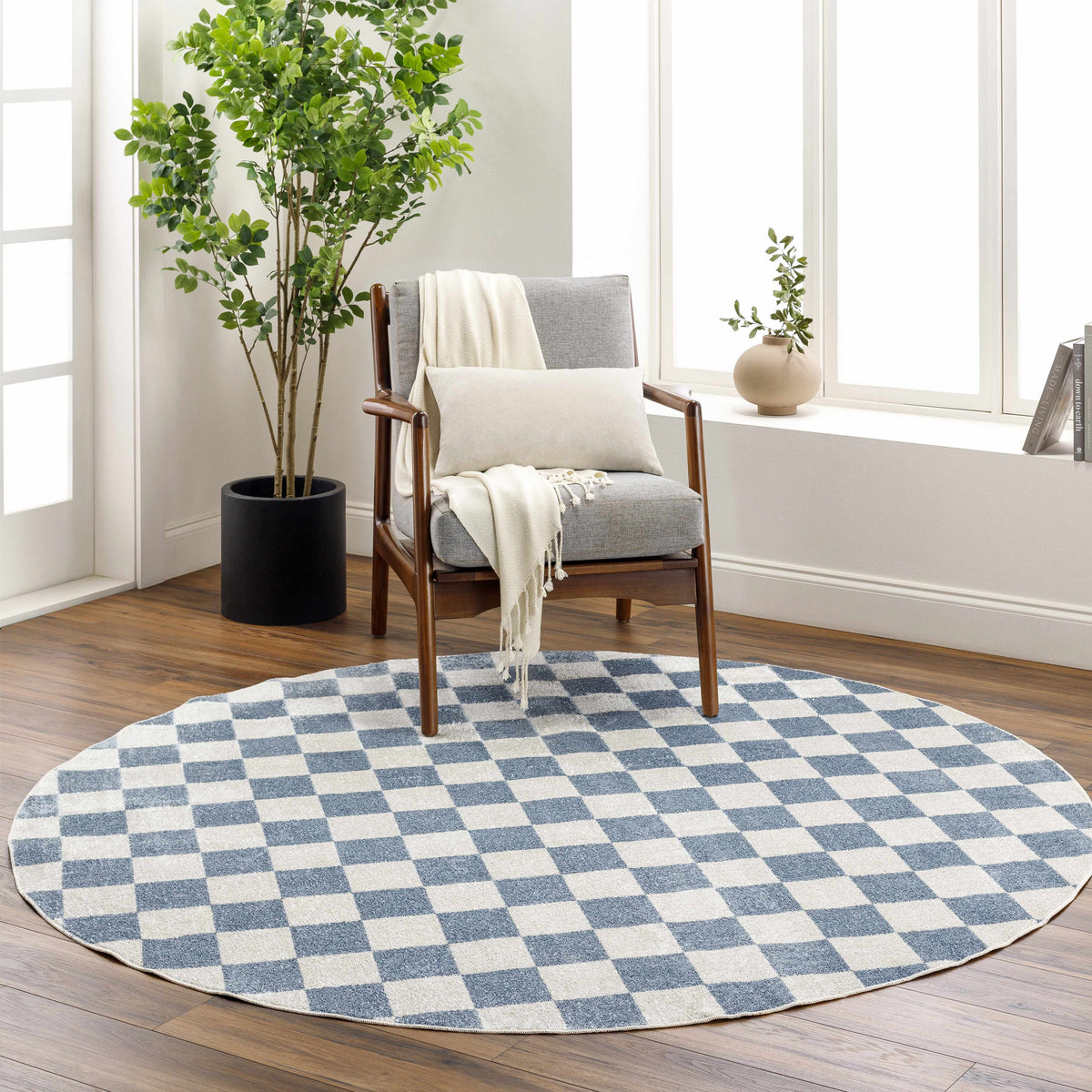 Brone Blue Checkered Washable Rug with blue cream checkerboard pattern by Boutique Rugs on Tampa Home & Garden Store
