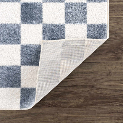 Brone blue checkered washable rug by Boutique Rugs, blue and white grid pattern on wood floor on Tampa Home & Garden Store