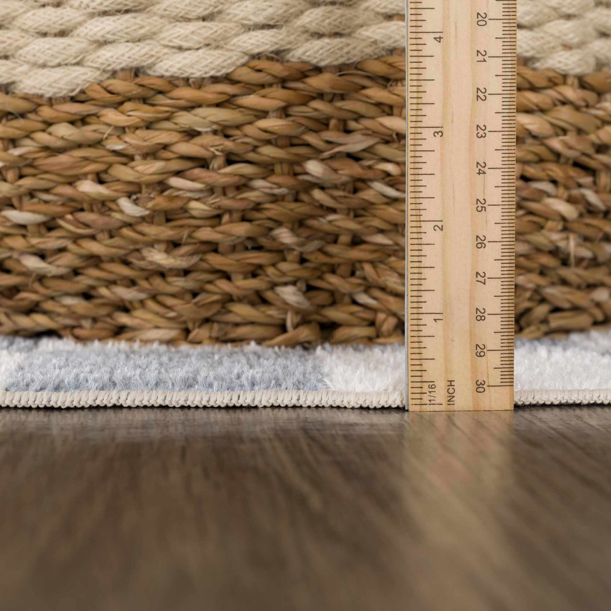 Brone Blue Checkered Washable Rug; woven jute texture with ruler for scale on Tampa Home & Garden Store