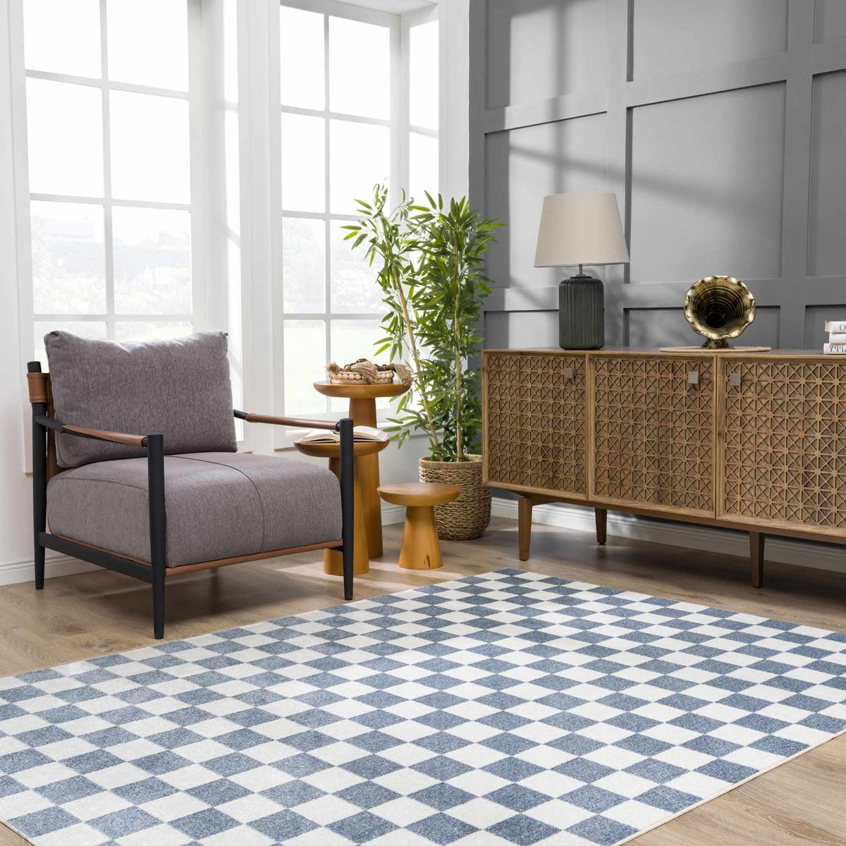 Brone Blue Checkered Washable Rug from Boutique Rugs in a modern living room setting on Tampa Home & Garden Store