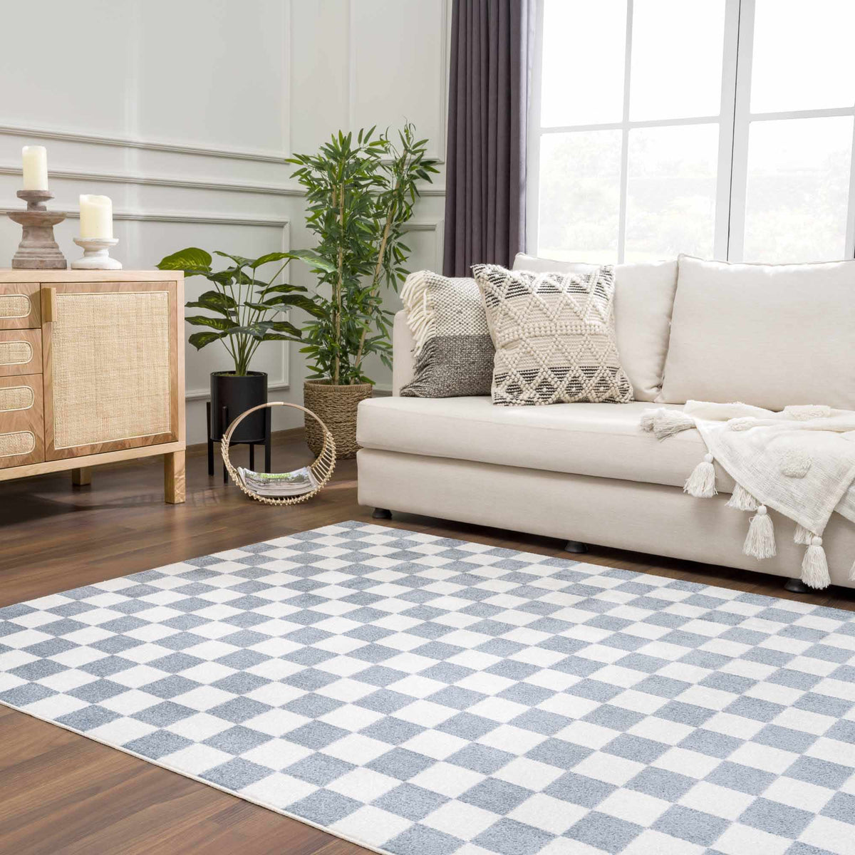 Brone Blue Checkered Washable Rug Boutique Rugs blue and white checker rug in living room on Tampa Home & Garden Store