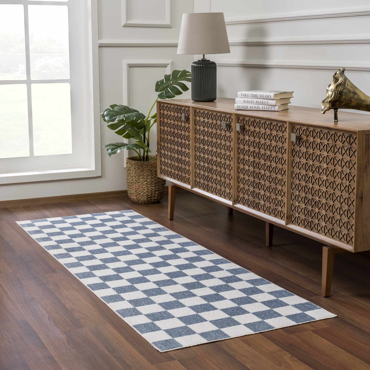 Brone Blue Checkered Washable Rug blue and white check pattern Boutique Rugs on Tampa Home & Garden Store