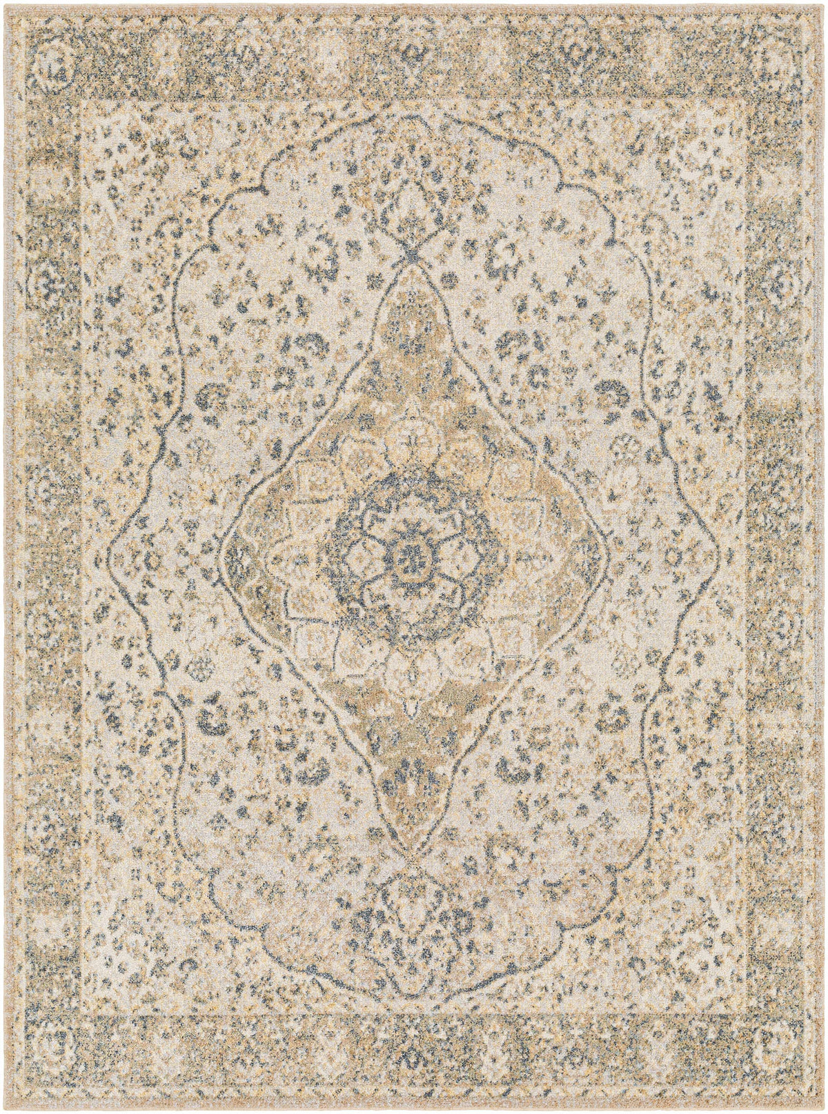 Cara Flat Pile Washable Rug beige blue distressed medallion pattern Boutique Rugs on Tampa Home & Garden Store