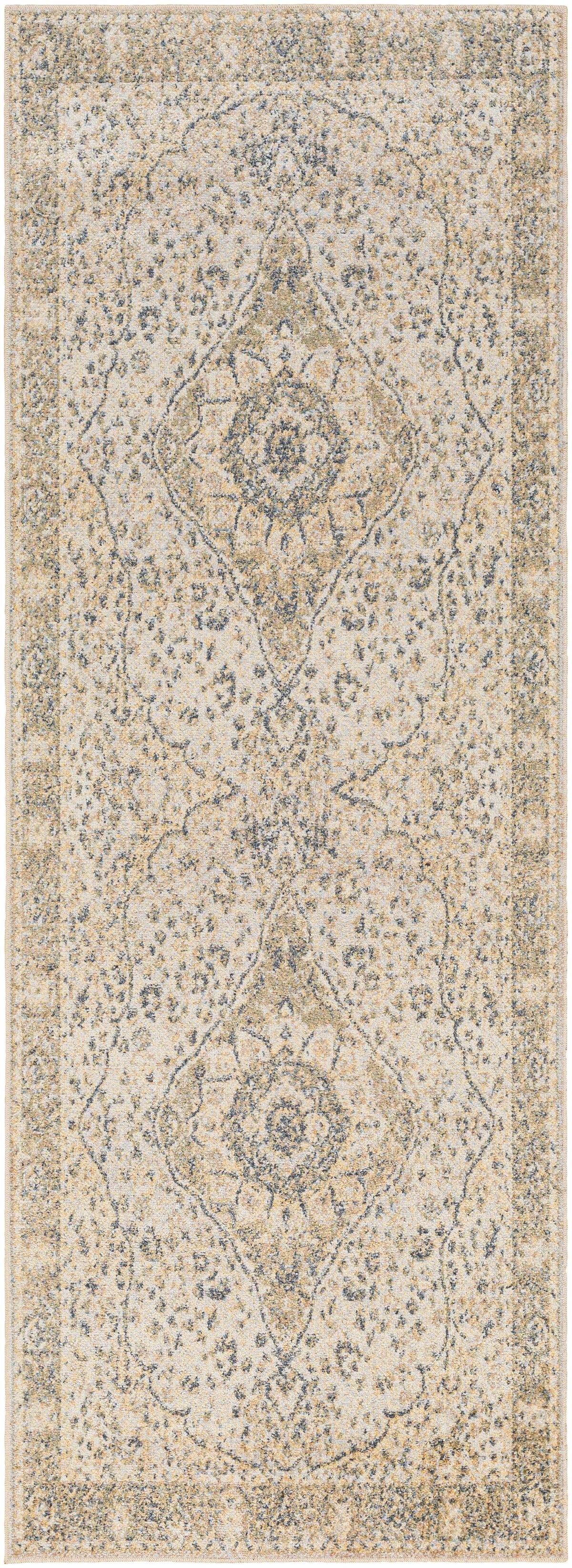 Cara Flat Pile Washable Rug by Boutique Rugs in beige with blue-gray distressed medallion motif on Tampa Home & Garden Store