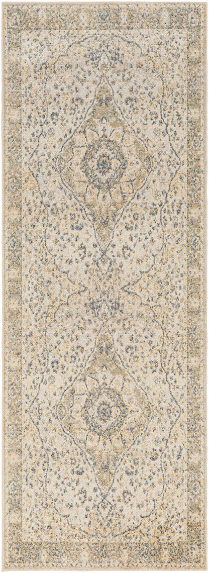 Cara Flat Pile Washable Rug by Boutique Rugs in beige with blue-gray distressed medallion motif on Tampa Home & Garden Store