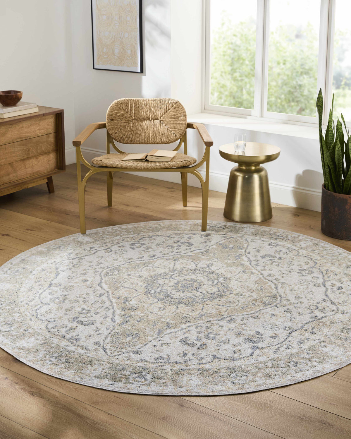 Cara Flat Pile Washable Rug, round light gray and ivory patterned rug on Tampa Home & Garden Store