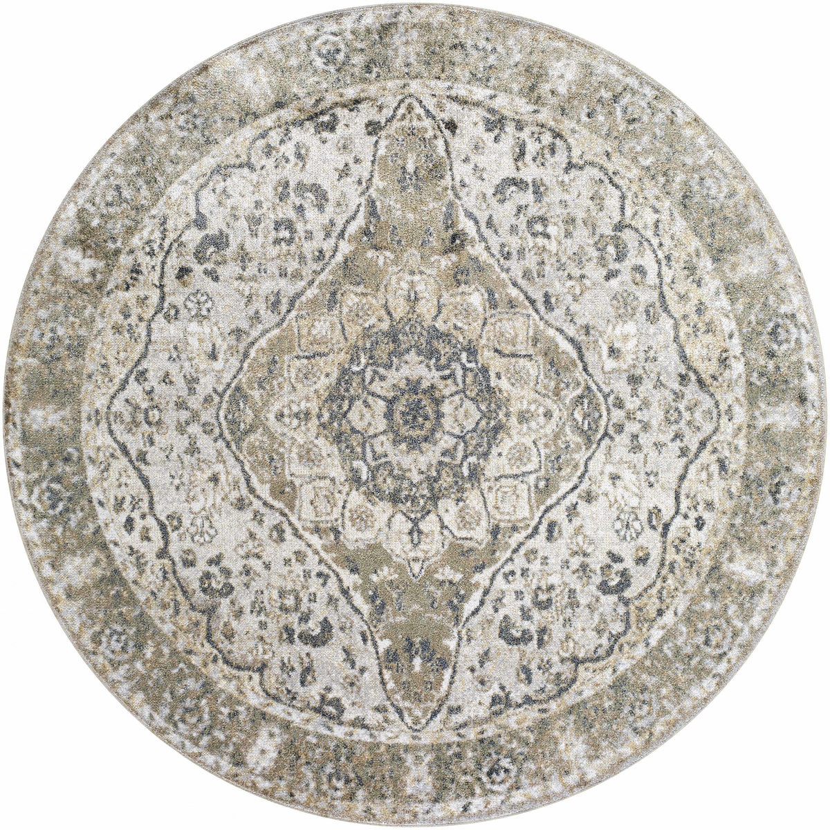 Cara Flat Pile Washable Rug round beige-gray traditional medallion pattern on Tampa Home & Garden Store