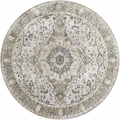 Cara Flat Pile Washable Rug round beige-gray traditional medallion pattern on Tampa Home & Garden Store