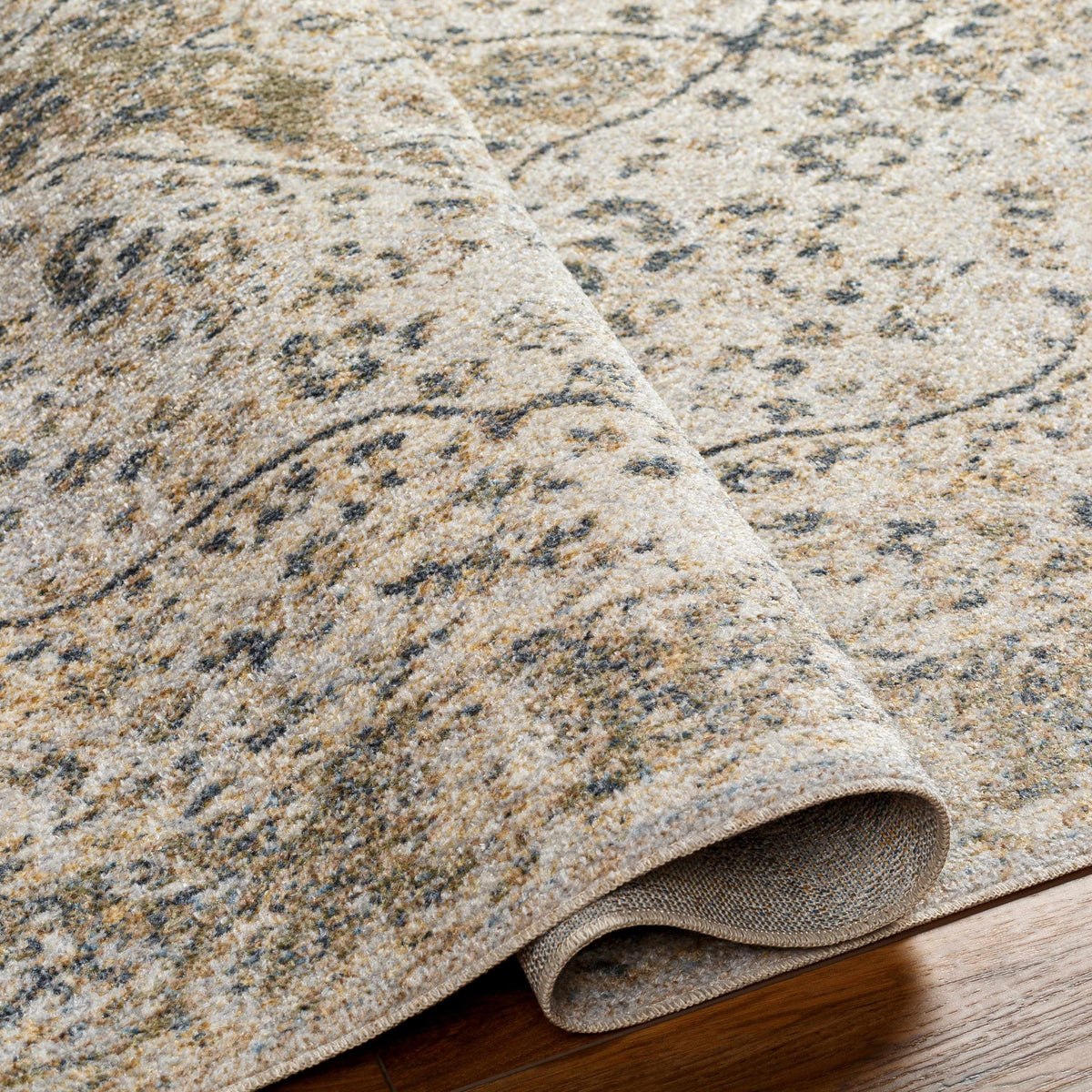 Cara Flat Pile Washable Rug beige gray distressed pattern with soft texture on Tampa Home & Garden Store