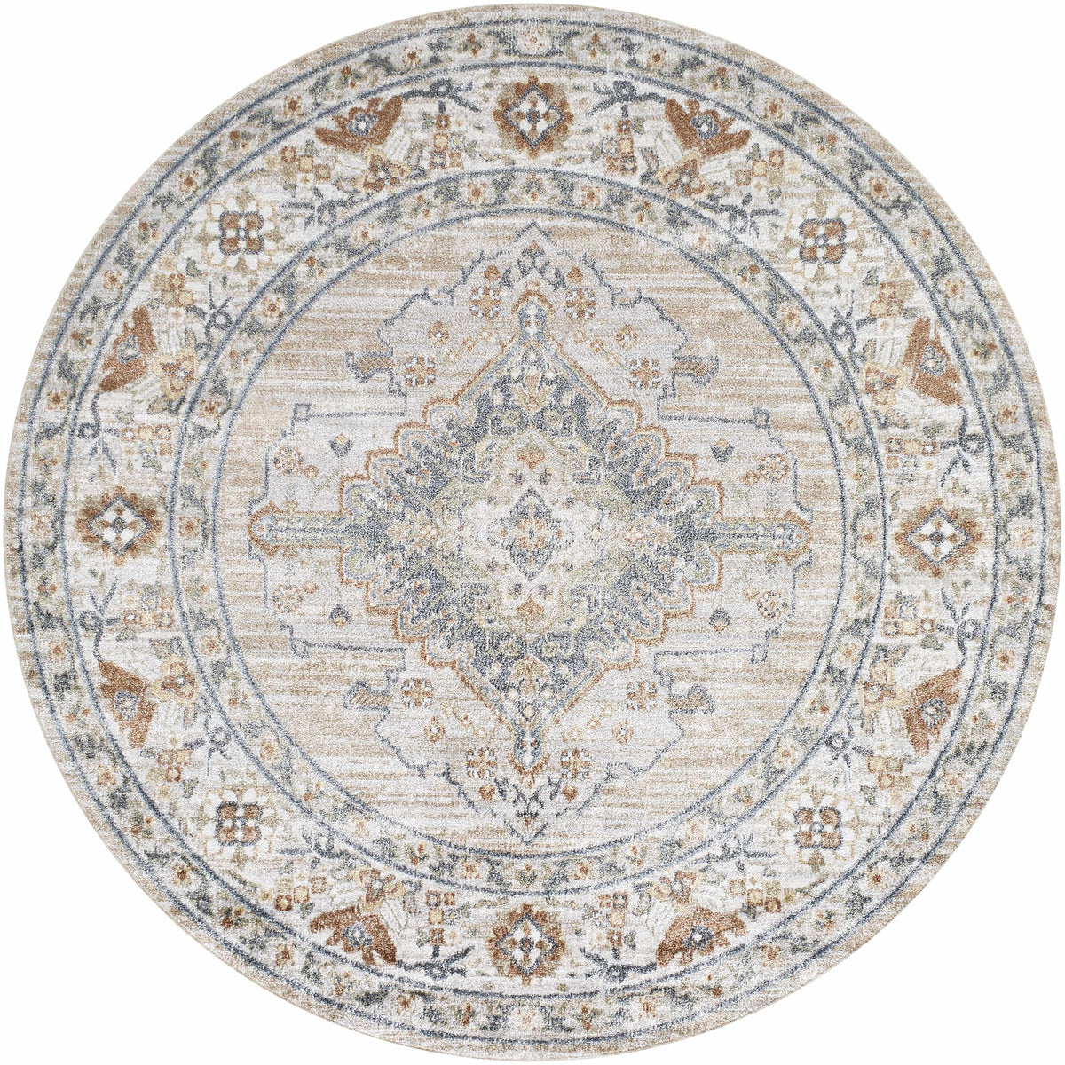 Erez Flat Pile Washable Rug round medallion pattern in ivory blue brown by Boutique Rugs on Tampa Home & Garden Store