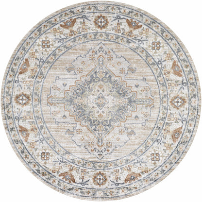 Erez Flat Pile Washable Rug round medallion pattern in ivory blue brown by Boutique Rugs on Tampa Home & Garden Store