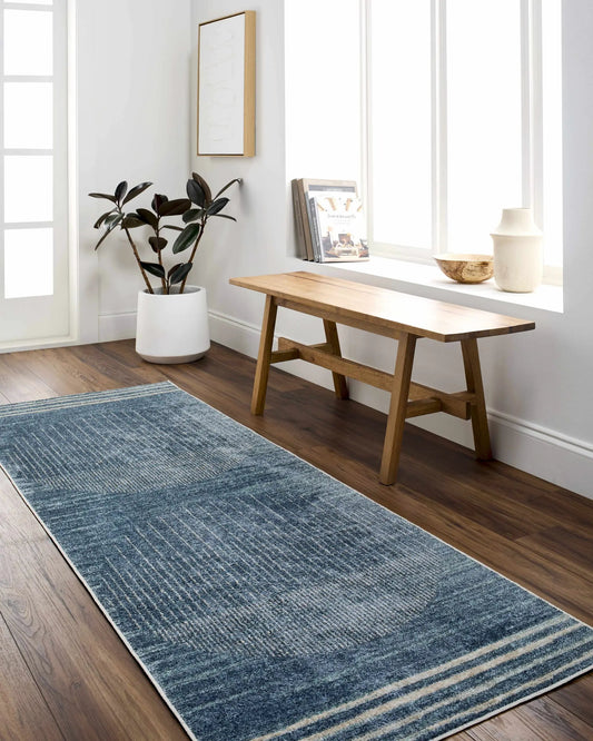Thad Blue Washable Area Rug by Boutique Rugs with pale cream stripes on Tampa Home & Garden Store