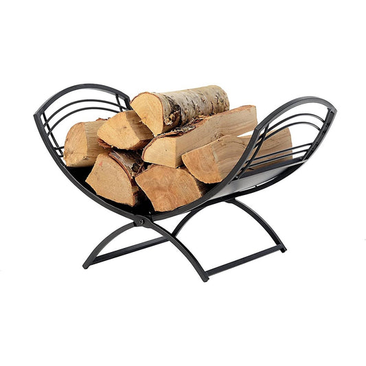 Black metal farmhouse firewood log rack for indoor outdoor use with curved cradle on Tampa Home & Garden Store