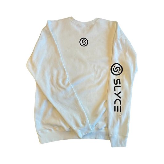 White SLYCE Crewneck sweatshirt by Slyce Sport with black circular logo graphics on sleeve on Tampa Home & Garden Store