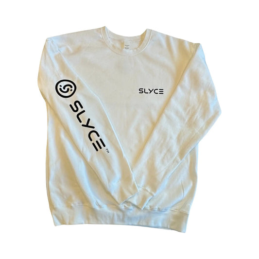 SLYCE Crewneck white sweatshirt with black SLYCE logo and circular emblem by Slyce Sport on Tampa Home & Garden Store