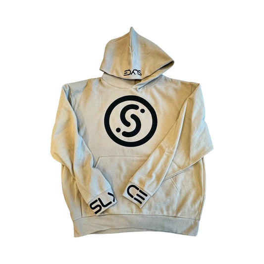 Slyce Tan Hoodie with black circular logo on chest and hood branding by Slyce Sport on Tampa Home & Garden Store