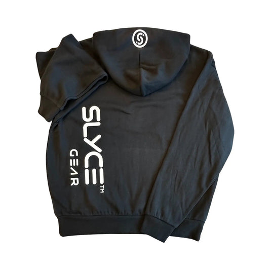 Slyce Black Hoodie by Slyce Sport with white circular logo on hood and vertical branding on Tampa Home & Garden Store