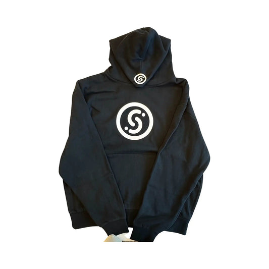 Slyce Black Hoodie, fleece with large white circular logo on back and small hood logo on Tampa Home & Garden Store