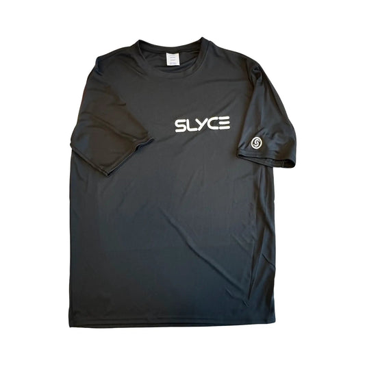 Slyce Black Tee by Slyce Sport with white SLYCE logo on chest and circular sleeve badge on Tampa Home & Garden Store