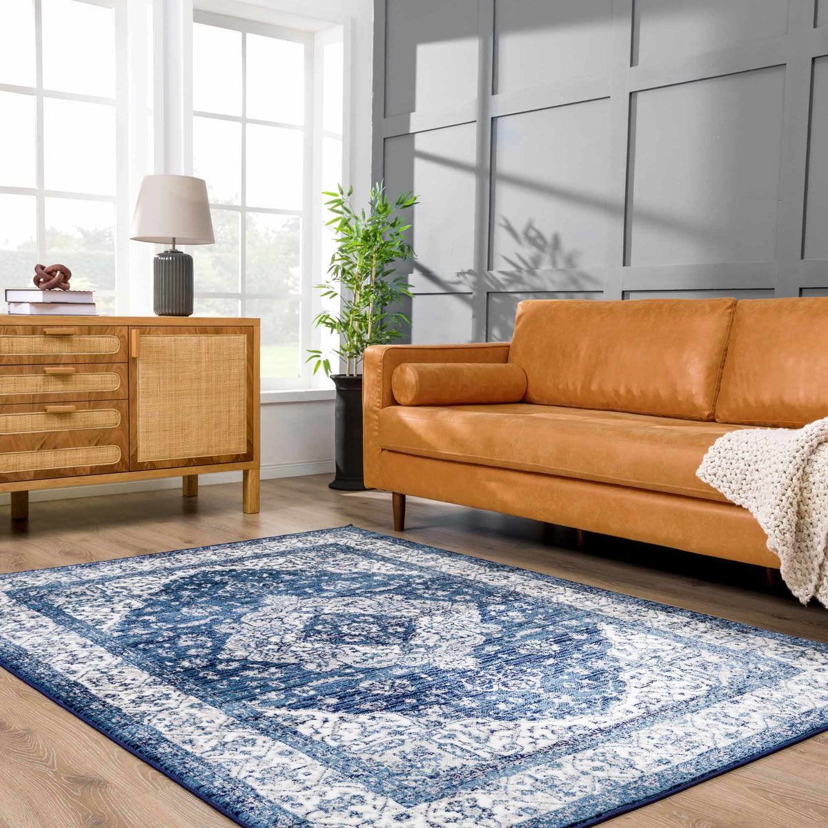 Billy Area Rug navy blue with white motif by Boutique Rugs, clearance on Tampa Home & Garden Store