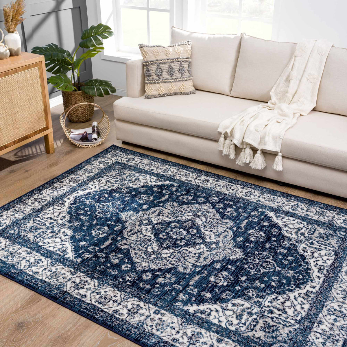 Billy Area Rug by Boutique Rugs in navy blue ivory distressed geometric pattern on Tampa Home & Garden Store