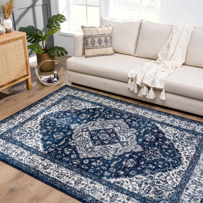 Billy Area Rug by Boutique Rugs in navy blue ivory distressed geometric pattern on Tampa Home & Garden Store