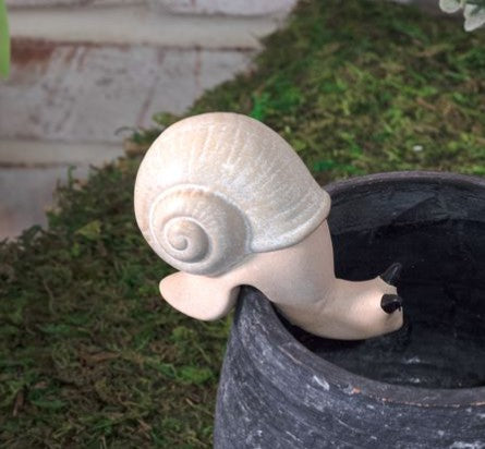Plant Pot Hanger cream snail statue perched on the edge of a black planter by Thenestedfig on Tampa Home & Garden Store