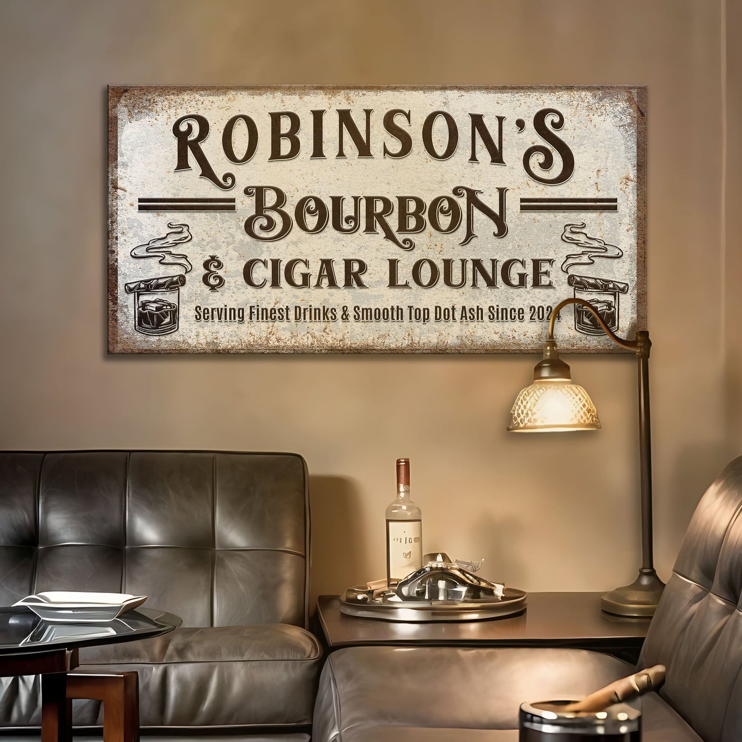 Personalized bourbon and cigar bar sign canvas by Tailored Canvases Robinson's Bourbon & Cigar Lounge on Tampa Home & Garden Store