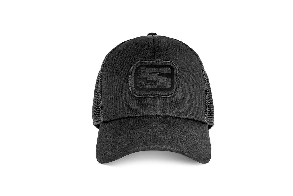 Skeleton Optics logo blackout cap black hat with front embroidered patch and mesh panels on Tampa Home & Garden Store