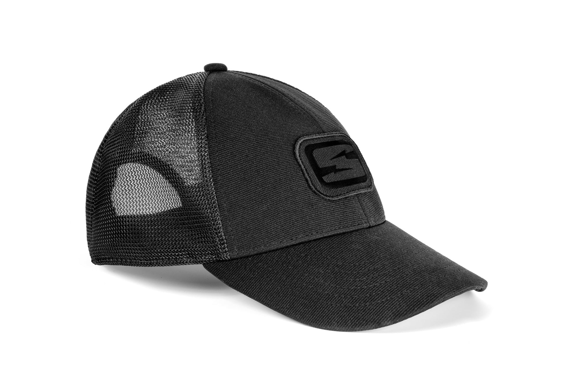 Skeleton Optics Logo Blackout Cap, black mesh-back trucker hat with front patch logo on Tampa Home & Garden Store