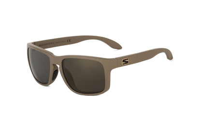 Decoy Coyote Tan sunglasses by Skeleton Optics with tan frame and dark gray lenses logo on temple on Tampa Home & Garden Store