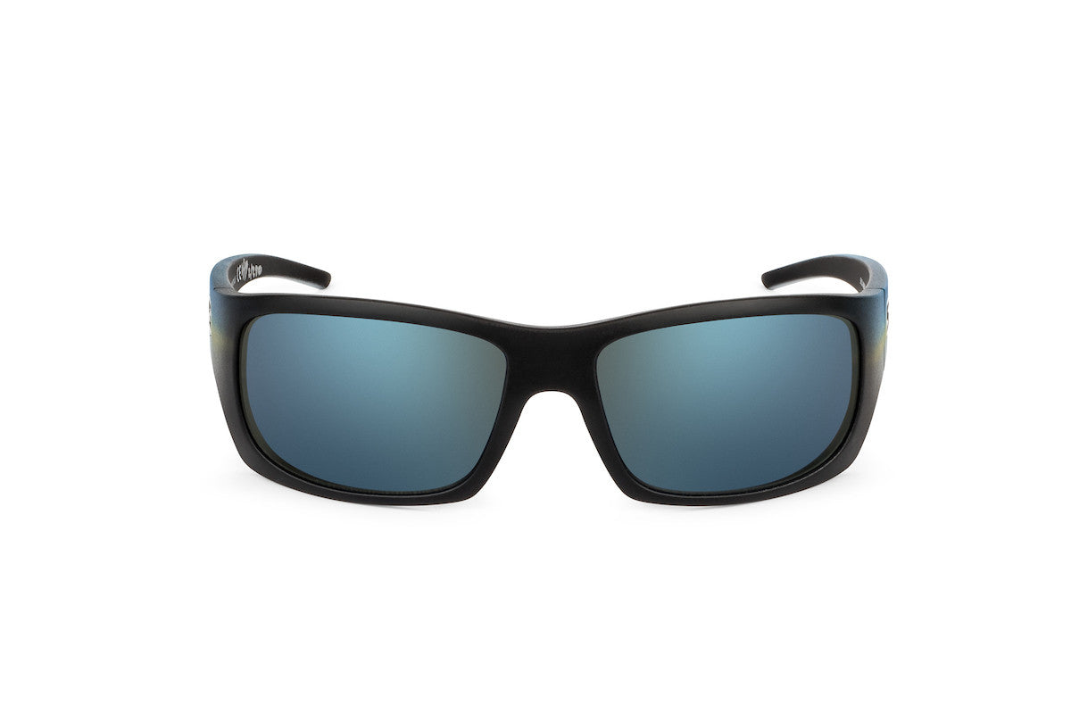 Outlaw - Yellow Fin sunglasses by Skeleton Optics, black frame with blue mirrored lenses on Tampa Home & Garden Store